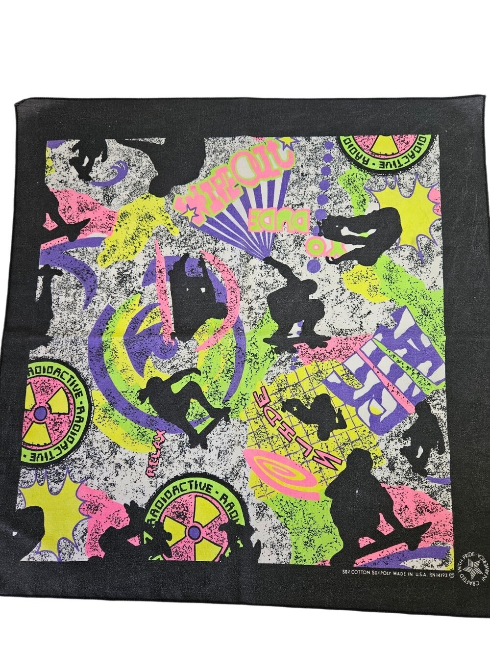 VINTAGE Fast Color Neon Skateboard Radioactive Square Bandana USA 21" x 21"